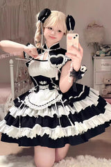 Black/White Multi-Layered Ruffle Sweet Chinese Style Maid Cheongsam Lolita Dress - Product - 4