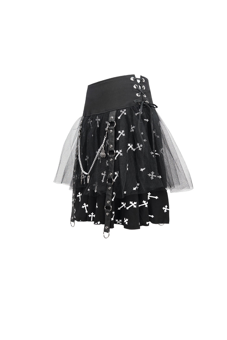 Black/White Knitted Fabric Cross Print Side Waist Straps Detachable Metal Chain Women's Punk Skirt - Product - 6