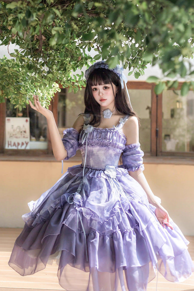 [Goodnight Camellia] Sleeveless Ombre Multi-Layered Printed Ruffled Lace Fishbone Sweet Lolita Jsk Dress 3 Colors - Product - 15