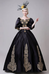 Boat Neck Half Sleeves High Waisted Three Dimensional Golden Floral Hollow Print Victorian Lolita Prom Dress - Product - 2