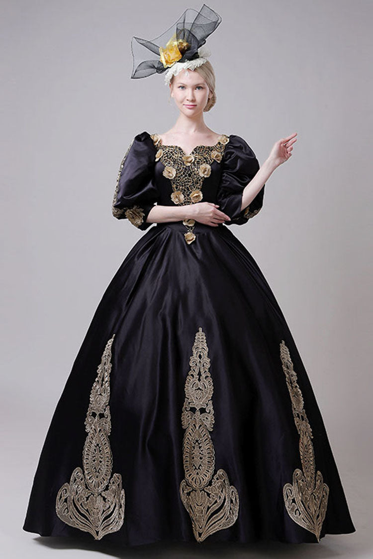 Boat Neck Half Sleeves High Waisted Three Dimensional Golden Floral Hollow Print Victorian Lolita Prom Dress - Product - 2