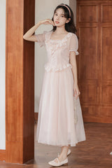 Pink Square Collar Short Puff Sleeves Ruffled Embroidered Lace French Style Sweet Lolita Dress - Product - 7