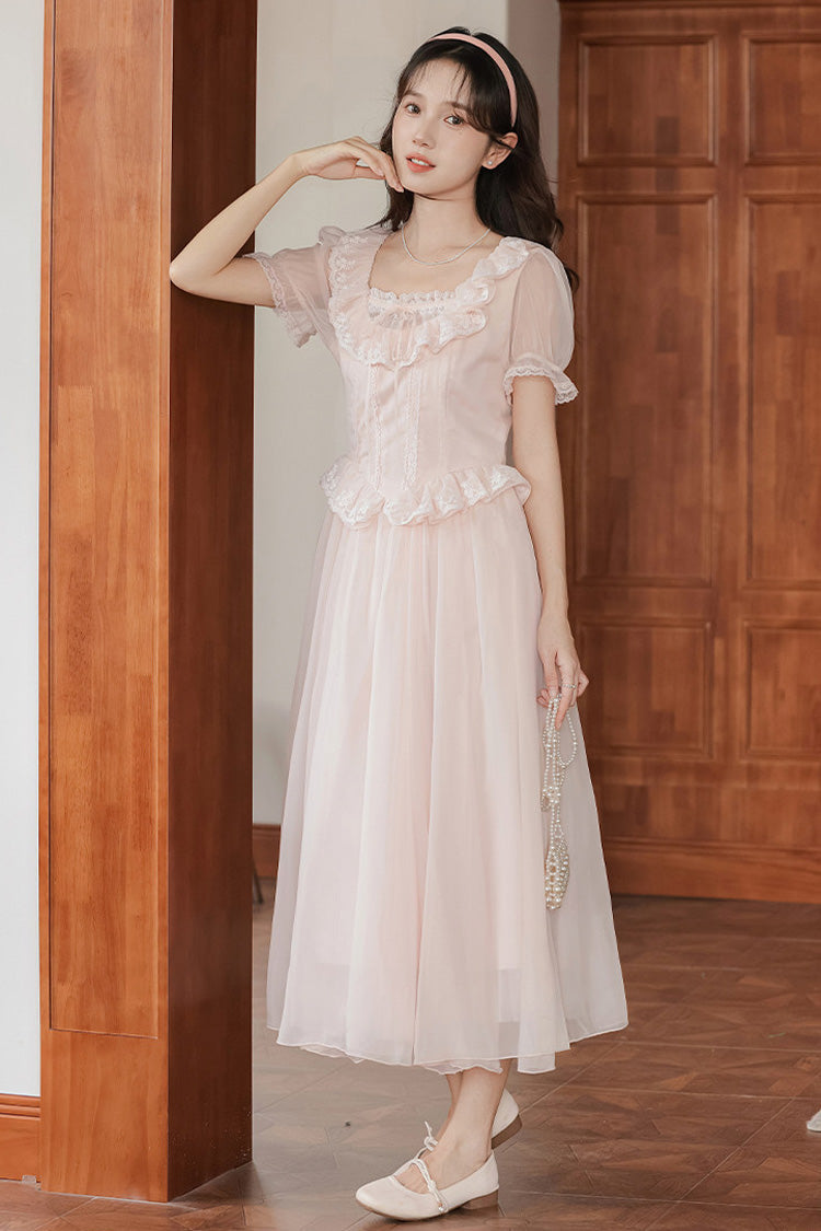Pink Square Collar Short Puff Sleeves Ruffled Embroidered Lace French Style Sweet Lolita Dress - Product - 7