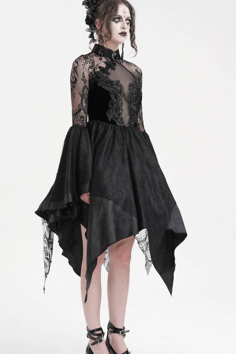 Black Long Sleeves Embroidery Lace Lace-Up Irregular Sheer Mesh Women's Gothic Dress - Product - 6