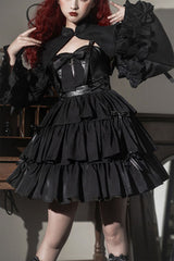 Dawn and Dusk Black Bowknot Ruffled Gothic Lolita JSK Tiered Dress - Black - 1