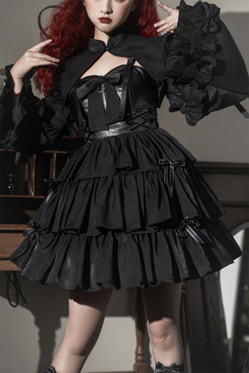 Dawn and Dusk Black Bowknot Ruffled Gothic Lolita JSK Tiered Dress - Black - 1