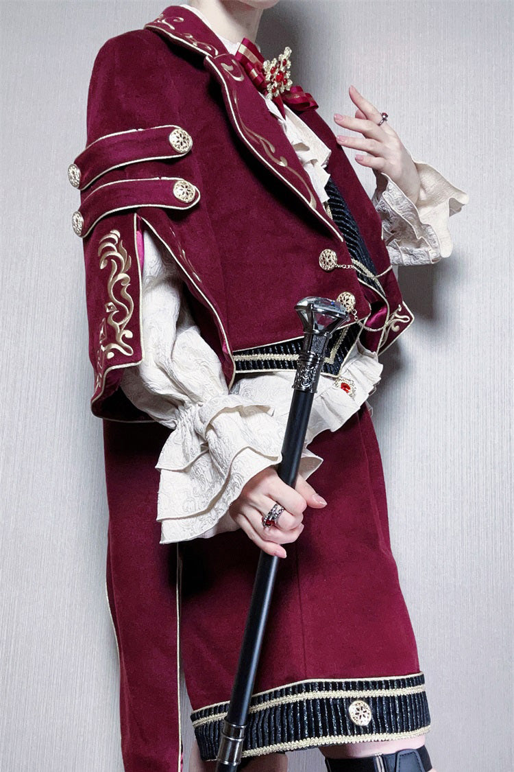 Red [Royal Heir] Embroidery Classic Military Gorgeous Handsome Ouji Lolita Coat Blouse Shorts Set - Product - 13