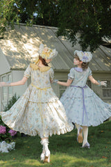 [Breezy Summer Blossoms] Peter Pan Collar Short Sleeves Jacquard Printed Ruffled Embroidered Bow Sweet Lolita Dress 2 Colors (Yellow, Purple) - Product - 9
