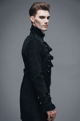 Black Fake Two Pieces Embroidered Turn Down Collar Long Sleeves Velvet Mens Gothic Coat - Product - 4