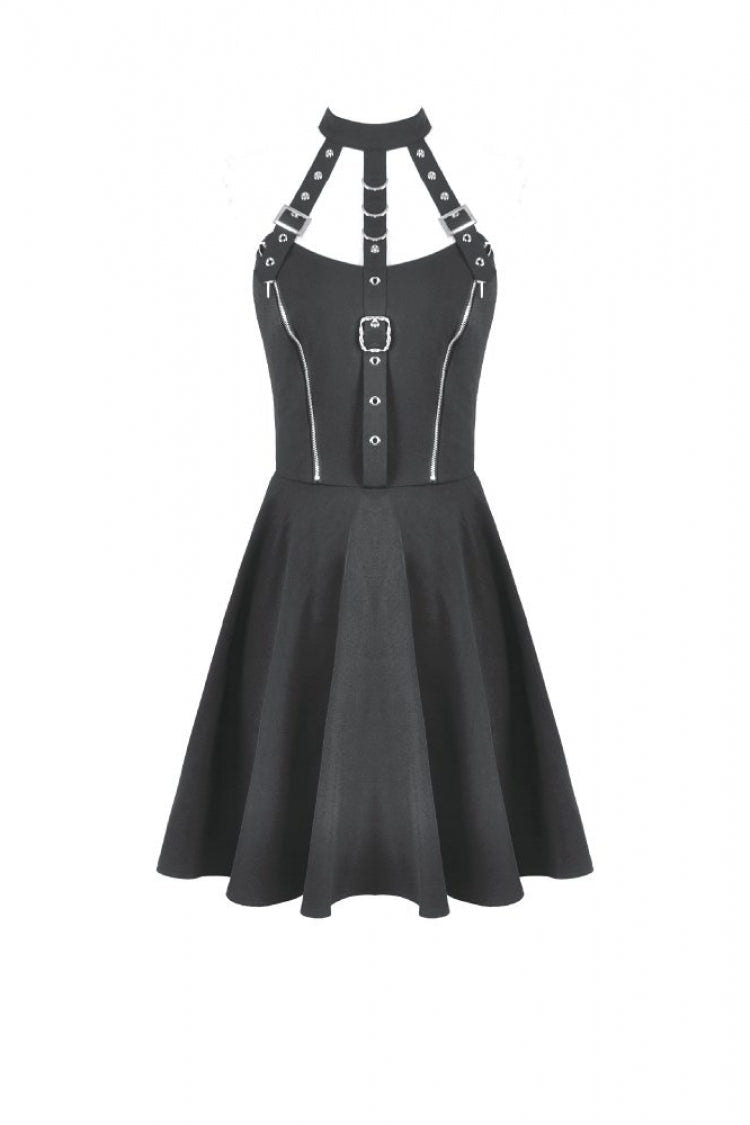 Black Buckled Zippered Women's Punk Halterneck Dress - Product - 3