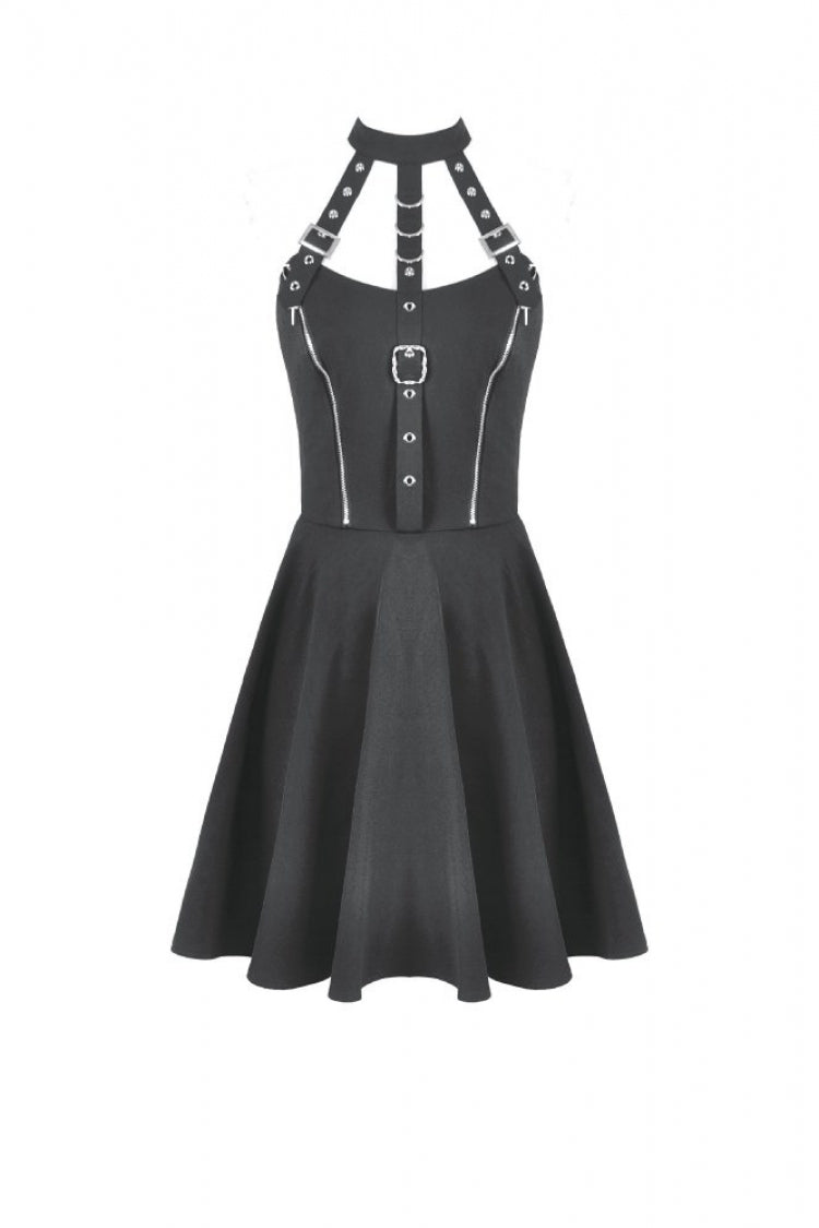 Black Buckled Zippered Women's Punk Halterneck Dress - Product - 3