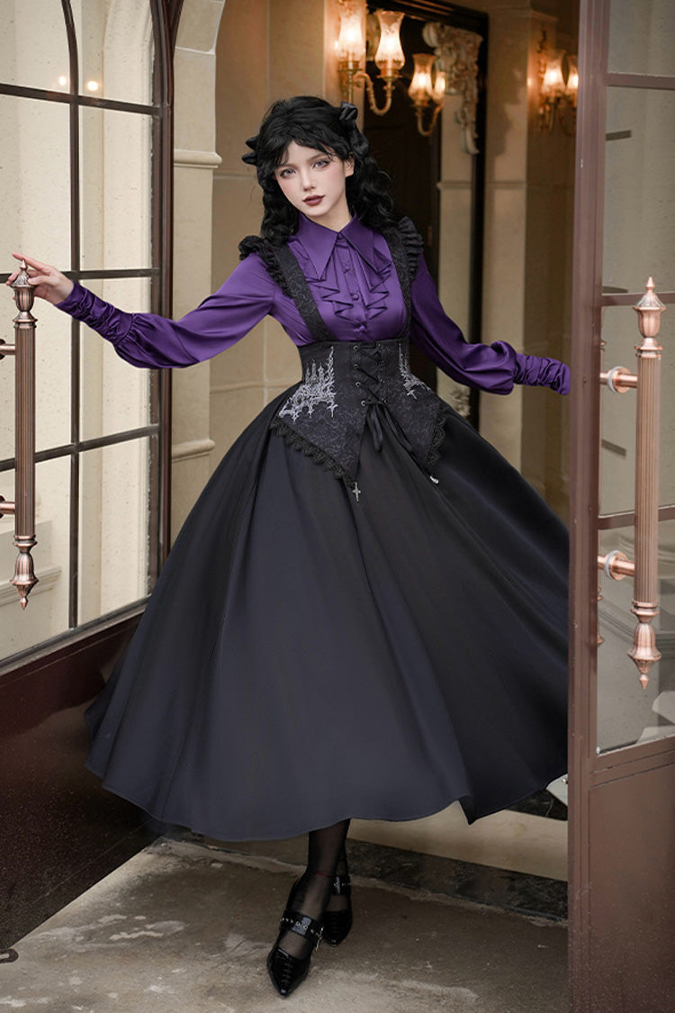 Black [Night of Thorns] Sleeveless Embroidery Lace-Up Gothic Lolita Strap Breast Support Dress 2 Versions - Product - 7