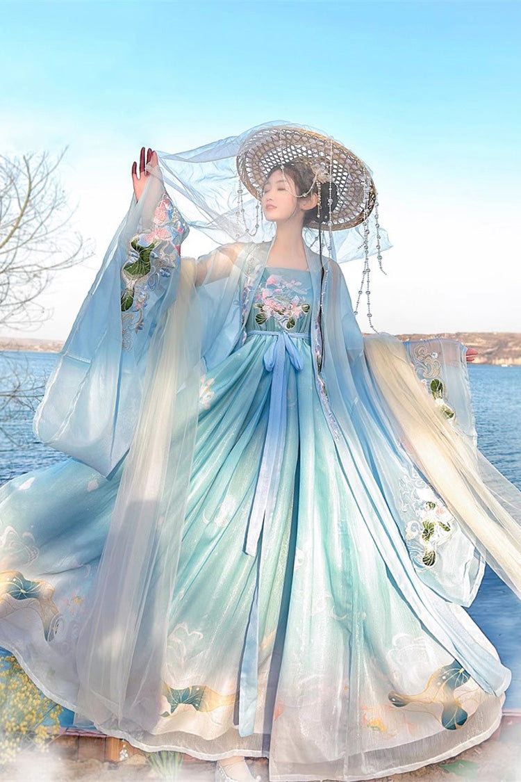 Blue Tang Dynasty Long Trumpet Sleeves Print Embroidery Sweet Hanfu Dress - Product - 3