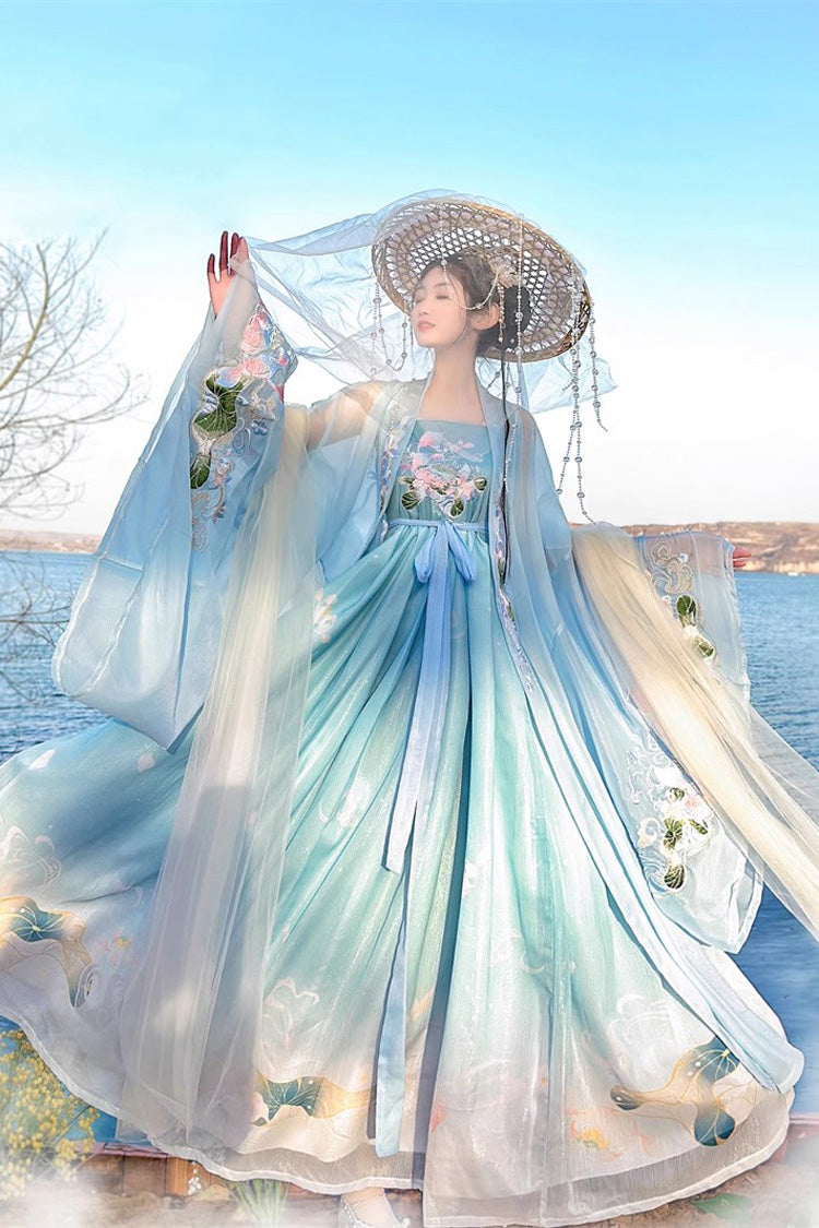 Blue Tang Dynasty Long Trumpet Sleeves Print Embroidery Sweet Hanfu Dress - Product - 3