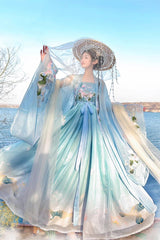 Blue Tang Dynasty Long Trumpet Sleeves Print Embroidery Sweet Hanfu Dress - Product - 3