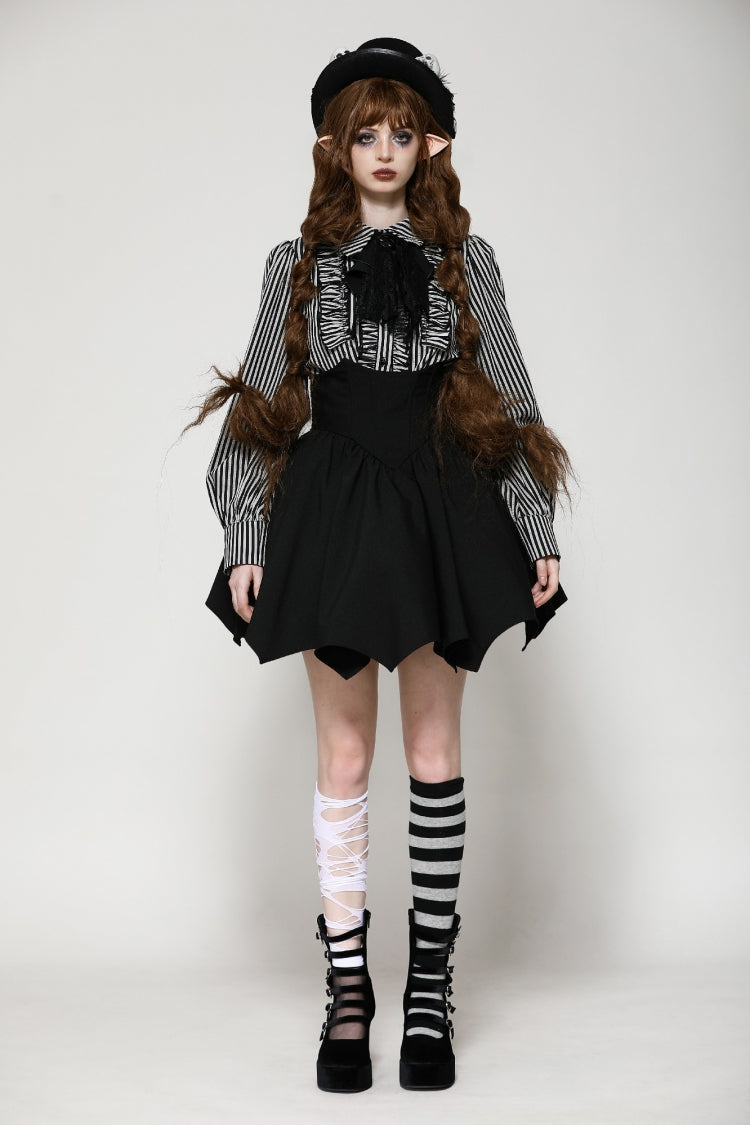 Black/White Skull Lace Jabot Striped Lapel Collar Long Sleeves Ruffled Women's Lolita Gothic Blouse - Product - 8