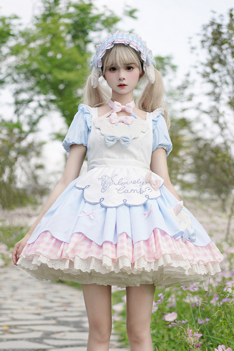 ブルー／ピンク [Lamb Story] ショート パフスリーブ 二層 チェック プリント フリル リボン スウィートロリータ ジャンパースカート（JSK） セット 商品画像