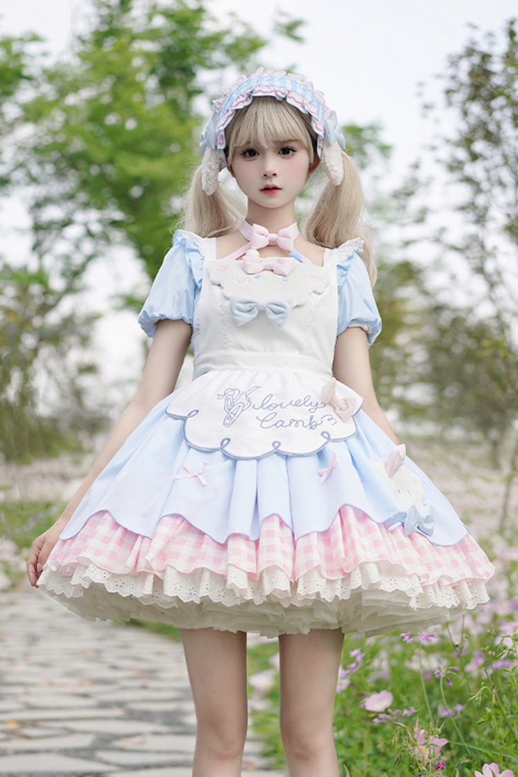 ブルー／ピンク [Lamb Story] ショート パフスリーブ 二層 チェック プリント フリル リボン スウィートロリータ ジャンパースカート（JSK） セット 商品画像