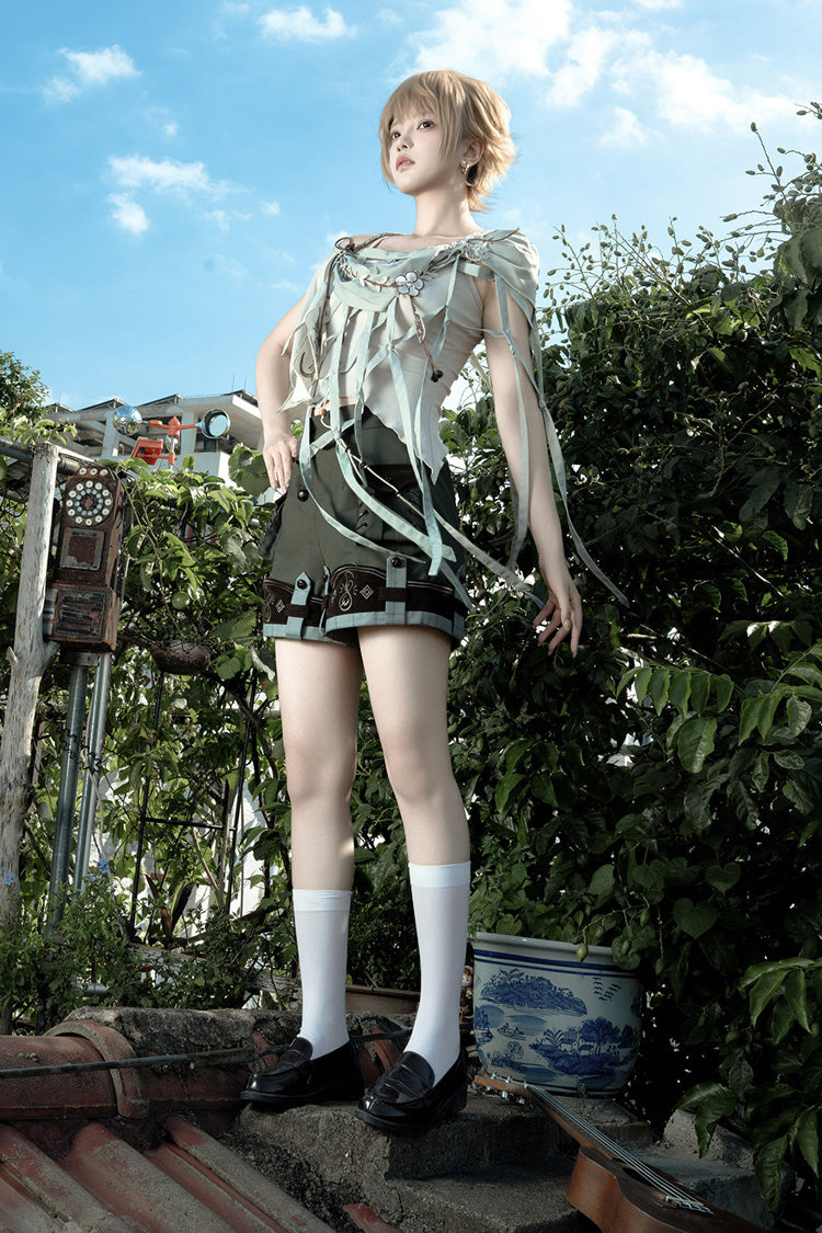 Green [Forest Guide] Square Collar Asymmetric Prince Ouji Lolita Set (Shorts + Shawl + Top) - Product - 9