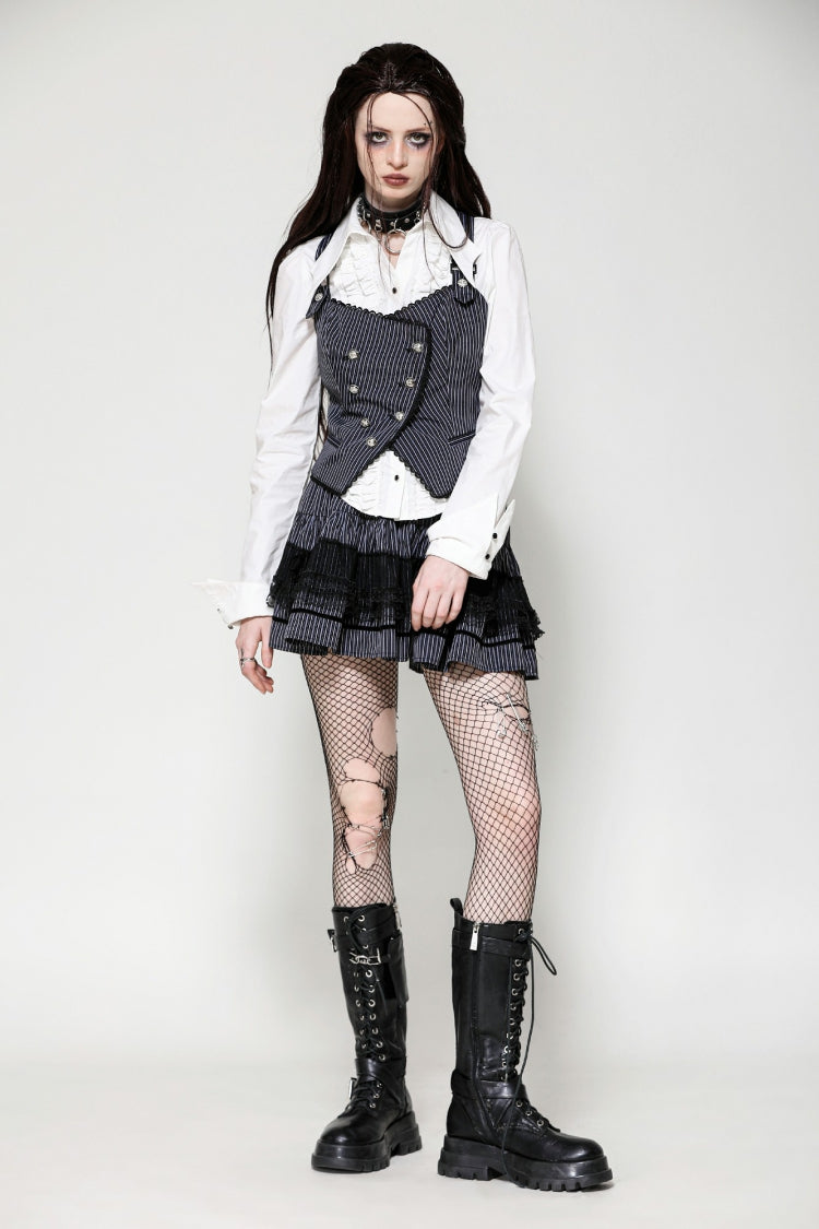 Black/White Striped Buckled Women's Gothic College Style Vest - Product - 6
