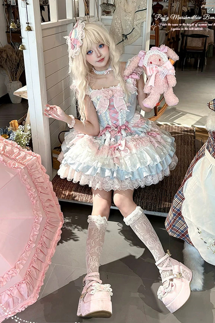 Blue/Pink [Honey Sweet Tart] Square Collar Sleeveless Multi-Layered Jacquard Ruffled Bow Lace Lace-Up Lolita Jsk Dress - Product - 7