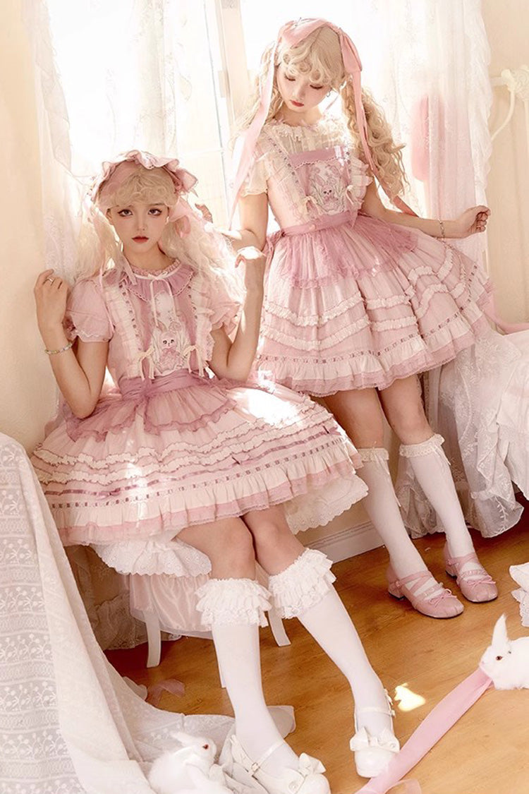Pink Rabbit Print Sweet Dream Girl Ruffle Bowknot Stitching Lace Lolita JSK Dress - Pink - 3