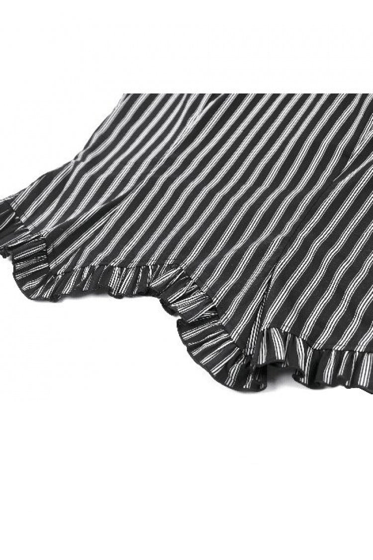 Black/White Vertical Striped Turn-down Collar Ruffled Women's Gothic Blouse with Detachable Tie - Product - 18
