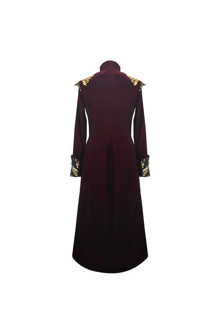 Black/Red Jacquard Gold Faded Buttons Fleece Long Men's Gothic Coat - Product - 7