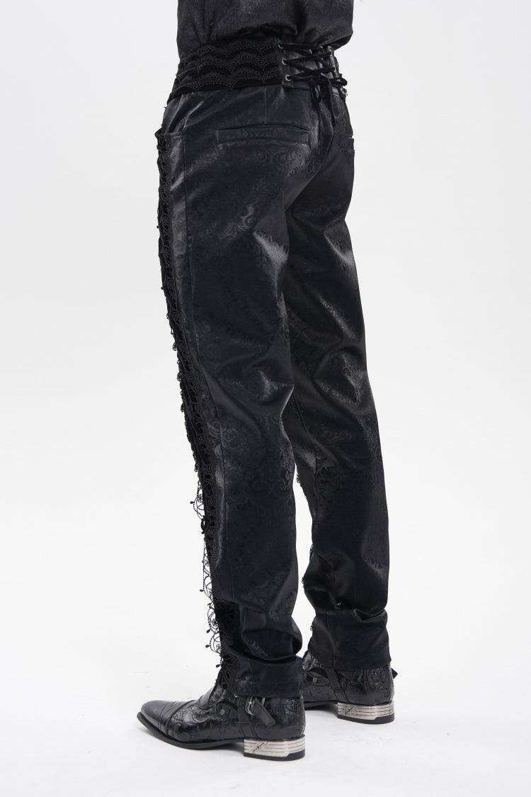 Black Printed Embroidered Spliced Lace-Up Men's Gothic Pants - Product - 5
