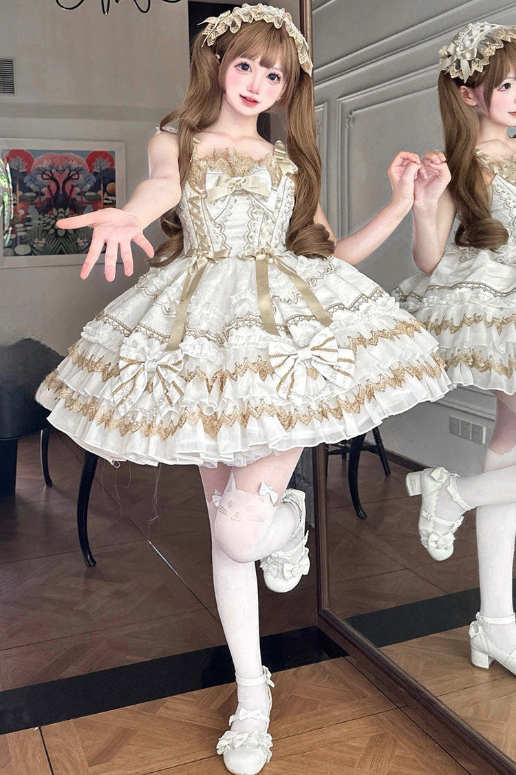 White [Gilded Memories] Sleeveless Double-Layered Ruffle Hot Stamping Bowknot Lace Sweet Lolita Jsk Dress - Product - 5