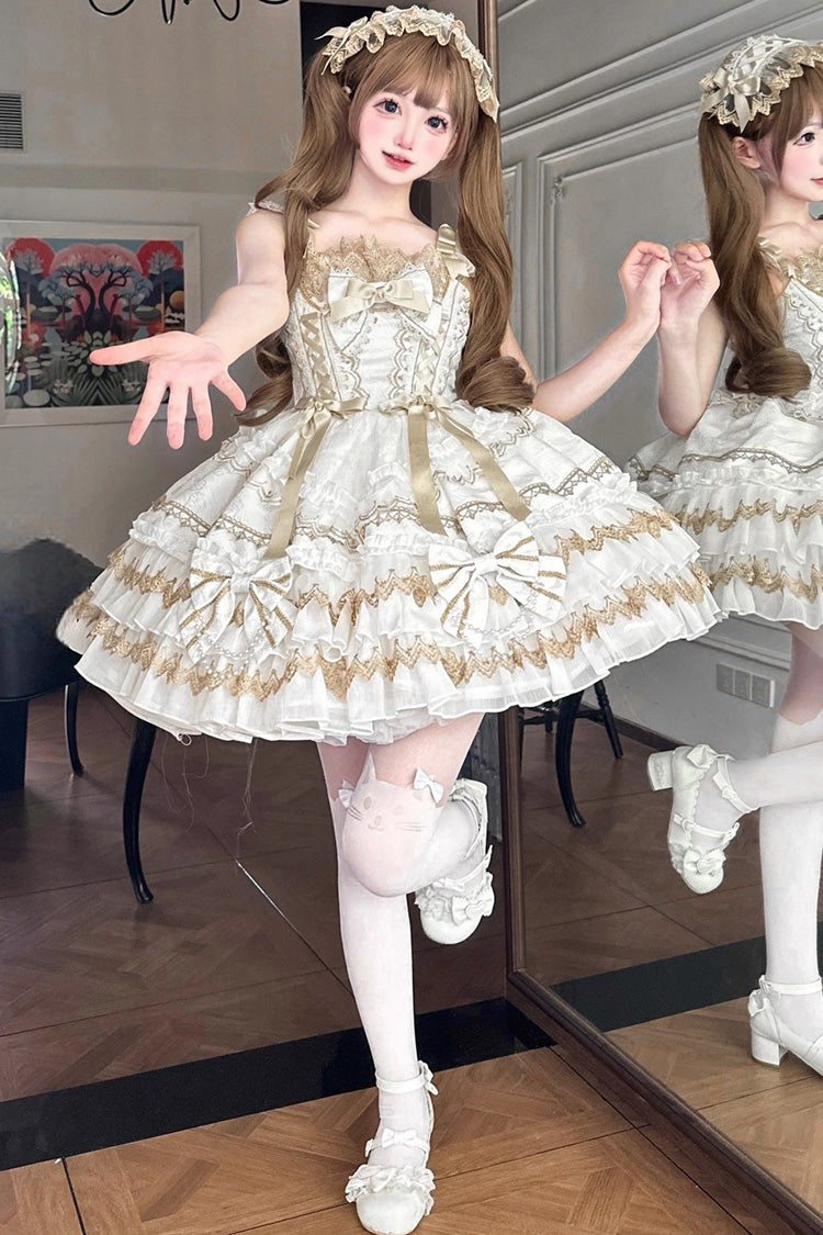 White [Gilded Memories] Sleeveless Double-Layered Ruffle Hot Stamping Bowknot Lace Sweet Lolita Jsk Dress - Product - 5