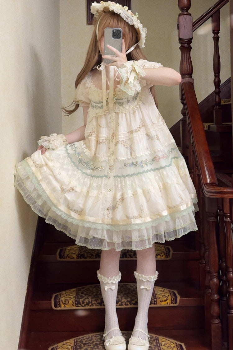 Multi-Color [Daisy Poetry] Print Ruffle Hollow Embroidery Lace Sweet Elegant Princess Lolita Dress - Product - 3
