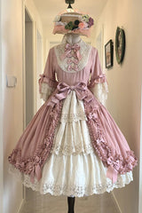 Pink [Lilica Garden] Lapel Collar Short Trumpet Sleeves Ruffled Open-Front Bow Lace Sweet Elegant Luxurious Lolita Dress - Product - 9