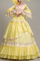 Yellow Hime Sleeves High Waisted Lace Stitching Hollow Floral Print Ruffled Multi-Layer Victorian Lolita Prom Tiered Dress - Yellow - 1