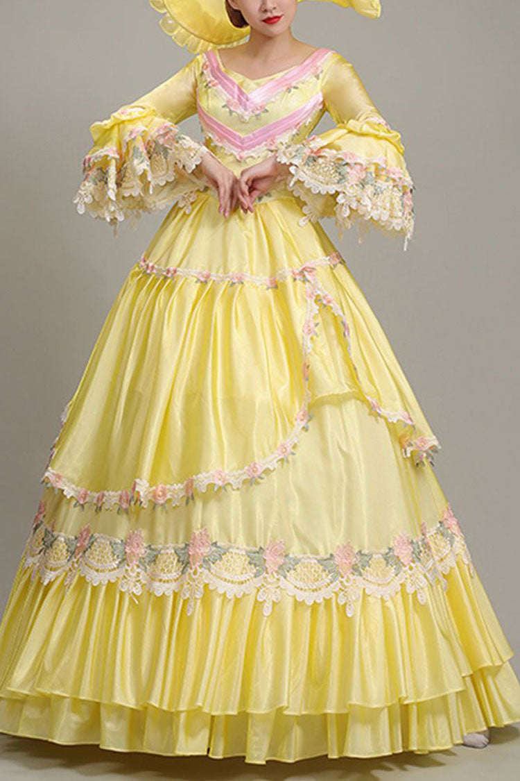 Yellow Hime Sleeves High Waisted Lace Stitching Hollow Floral Print Ruffled Multi-Layer Victorian Lolita Prom Tiered Dress - Yellow - 1