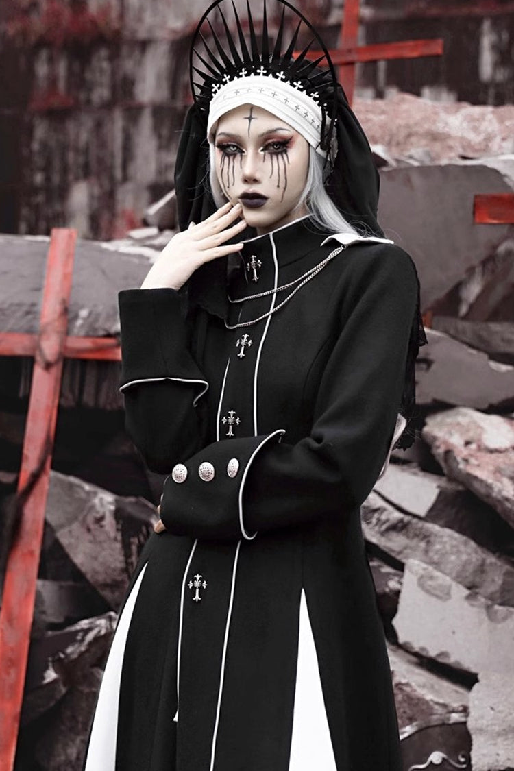 Black [The Trial of a Nun] Cross Print Hollow Cardigan Stitching Gothic Lolita Long Coat - Product - 6