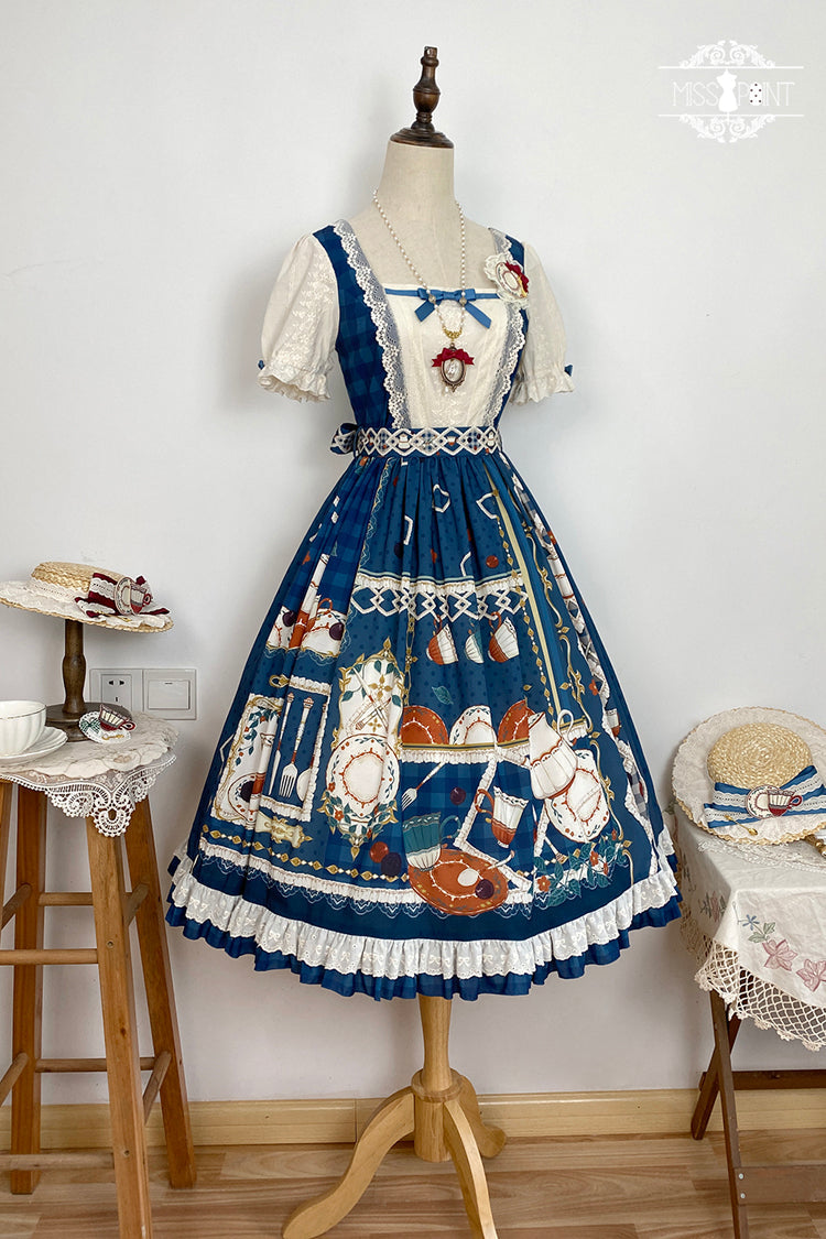Dark Blue [Tea Party] Short Sleeves Print Ruffle Bowknot Lace Sweet Elegant Lolita Dress - Product - 11