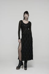 Black Round Collar Long Sleeves Cut-Out Lace-Up Slim Buckled Chain-Decorated Eyelet Women's Punk Cool Dress - Black - 5