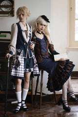 Blue/Brown Time Traveler Long Sleeves Multi-layer Print Ruffle Punk Lolita Mermaid Skirt Set - Product - 4