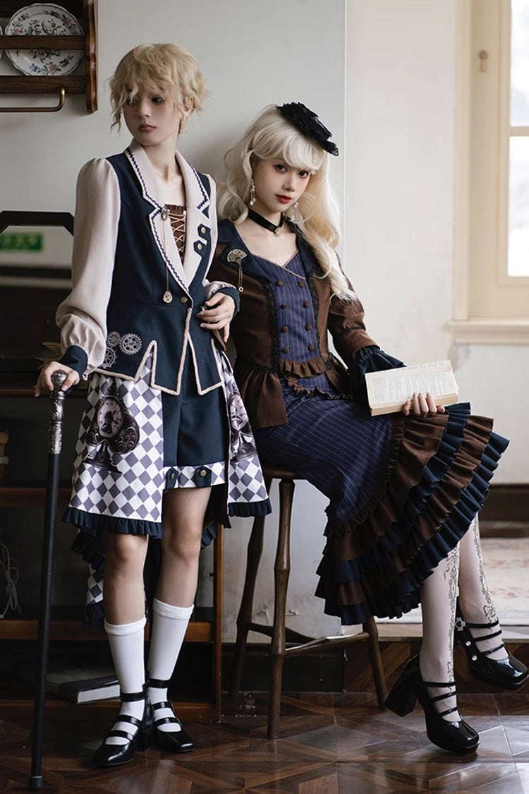 Blue/Brown Time Traveler Long Sleeves Multi-layer Print Ruffle Punk Lolita Mermaid Skirt Set - Product - 4