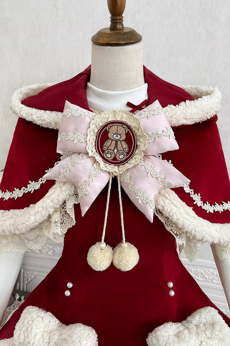 Red [New Year] Long Sleeves Embroidered Bow Lace Sweet Lolita Skirt and Rabbit Ears Cloak Set - Product - 9