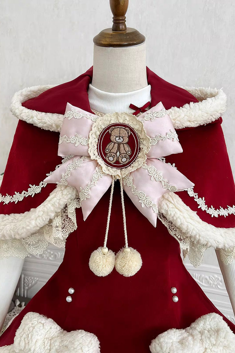 Red [New Year] Long Sleeves Embroidered Bow Lace Sweet Lolita Skirt and Rabbit Ears Cloak Set - Product - 9