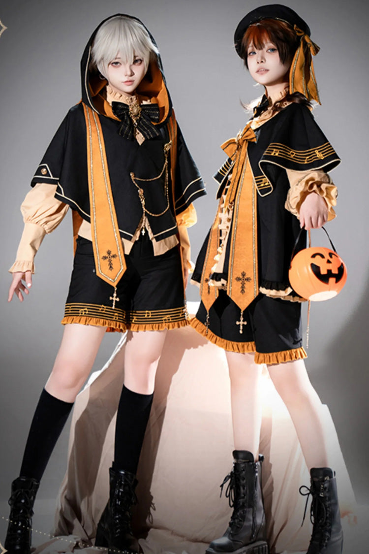 Black/Orange [The Choir Of The Church] Stand Collar Long Sleeves Bow Chain-Decorated Ouji Gothic Prince Lolita Pumpkin Shorts Set - Product - 6