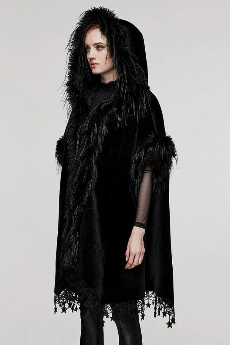 Black Bat Sleeves Tassel Faux Fur Stitching Lace Hooded Womens Gothic Elegant Cloak - Product - 2