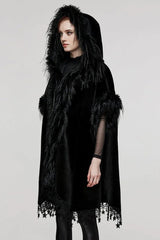 Black Bat Sleeves Tassel Faux Fur Stitching Lace Hooded Womens Gothic Elegant Cloak - Product - 2