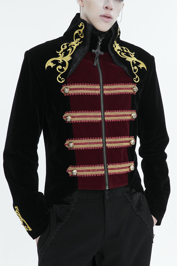 Black/Red Retro Totem Embroidered Swallow Tailed Men's Gothic Coat - Black/Red - 1