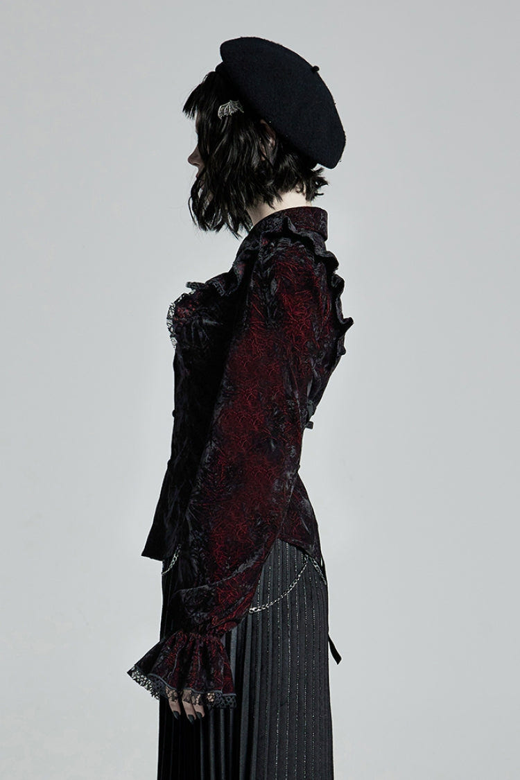 Black/Red Stand Collar Floral Embroidery Lace Women's Gothic Blouse - Product - 2