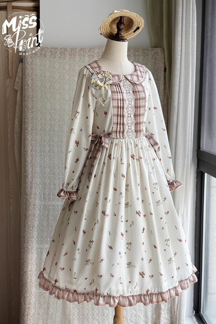 Ivory Round Collar Long Sleeves Print Ruffle Bowknot Sweet Elegant Lolita Dress - Product - 6