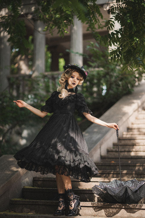 Elegant Vintage Rose Print Multi-Layer Ruffled Sweet Lolita OP Dress - Product - 16