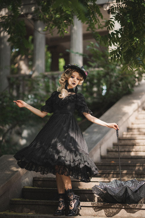 Elegant Vintage Rose Print Multi-Layer Ruffled Sweet Lolita OP Dress - Product - 16